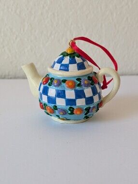 Mary Engelbreit ME Tea PotOrnament Collection Blue White Checkered with Floral